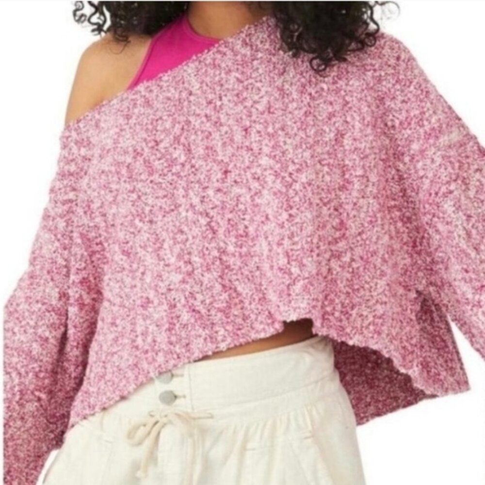 Free People Good Day Pink Cropped Oversized Off The Shoulder Sweater